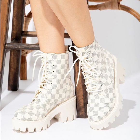 Shoes - CREAM PLATFORM LACE UP MOTO COMBAT BOOTIE